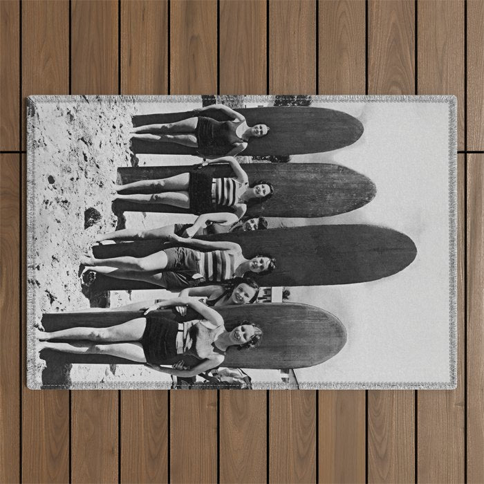Woman Surfers, Black and White Vintage Beach Art Outdoor Rug Gallery Image 1