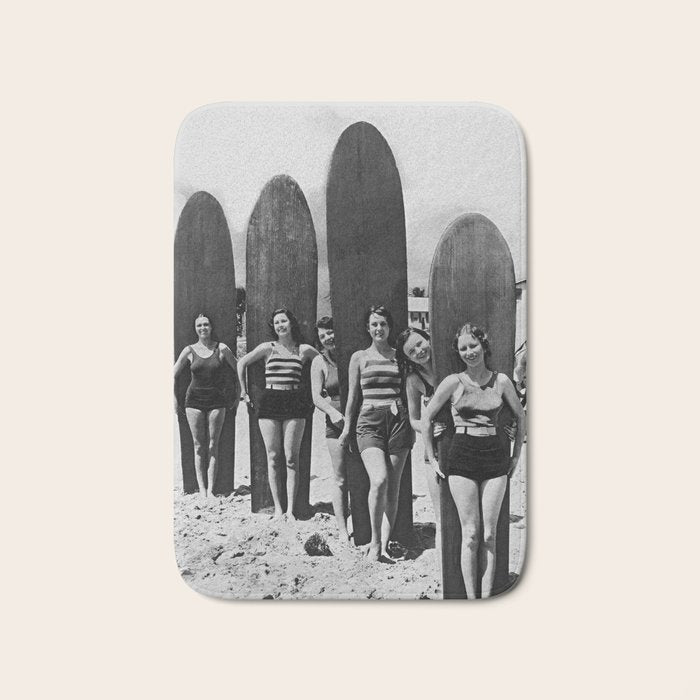 Woman Surfers, Black and White Vintage Beach Art Bath Mat Gallery Image 1