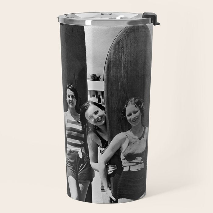 Woman Surfers, Black and White Vintage Beach Art Travel Mug Gallery Image 2