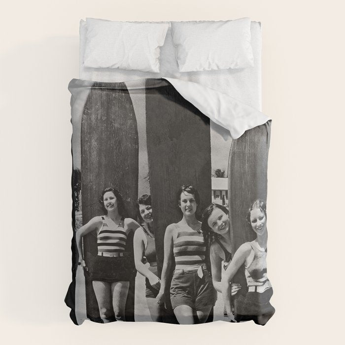 Woman Surfers, Black and White Vintage Beach Art Duvet Cover Gallery Image 6