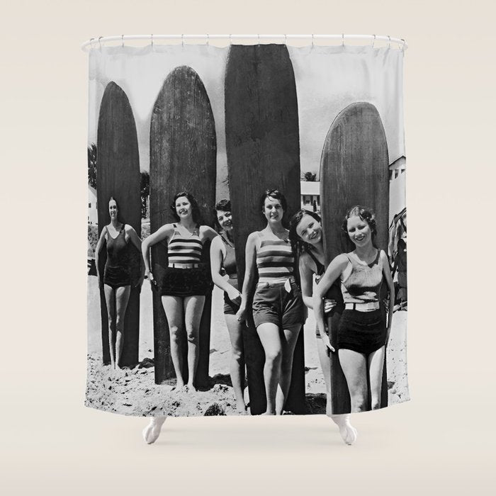 Woman Surfers, Black and White Vintage Beach Art Shower Curtain Gallery Image 1
