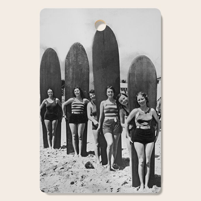 Woman Surfers, Black and White Vintage Beach Art Cutting Board Gallery Image 1