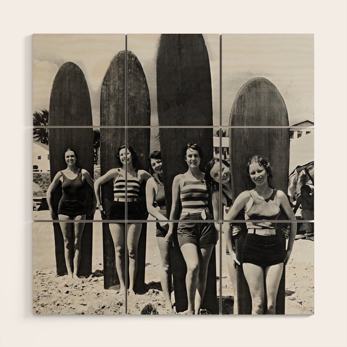 Woman Surfers, Black and White Vintage Beach Art Wood Wall Art Gallery Image 1