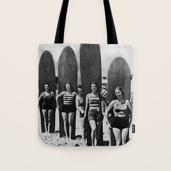 Woman Surfers, Black and White Vintage Beach Art Tote Bag Gallery Image 1