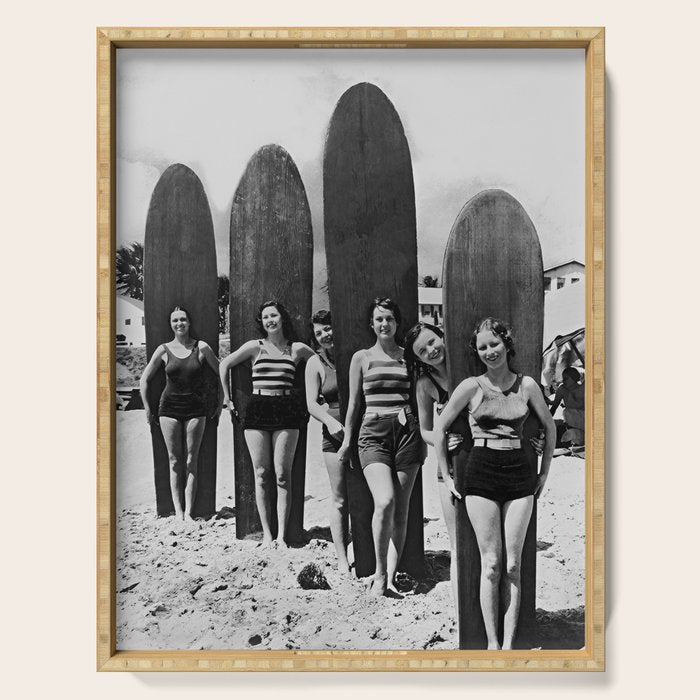 Woman Surfers, Black and White Vintage Beach Art Serving Tray Gallery Image 1