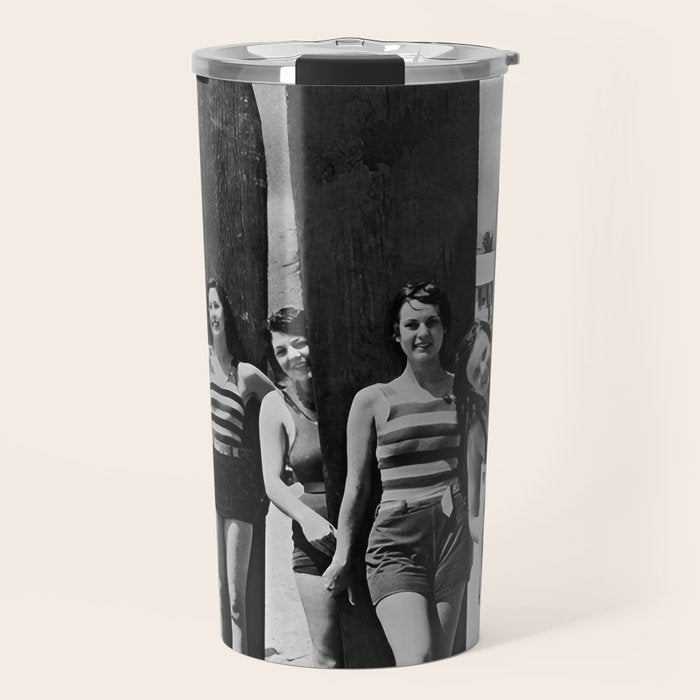 Woman Surfers, Black and White Vintage Beach Art Travel Mug Gallery Image 1