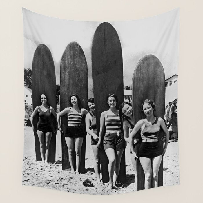 Woman Surfers, Black and White Vintage Beach Art Wall Tapestry Gallery Image 1