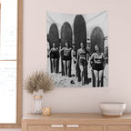Woman Surfers, Black and White Vintage Beach Art Wall Tapestry Gallery Image 2