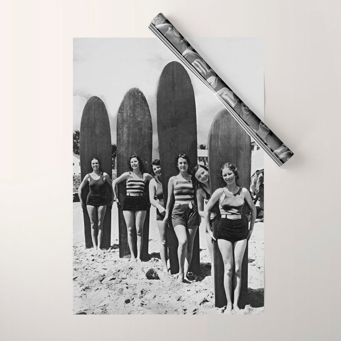 Woman Surfers, Black and White Vintage Beach Art Wrapping Paper Gallery Image 1