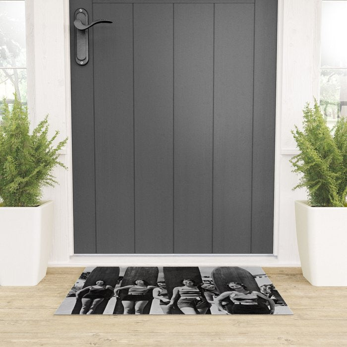 Woman Surfers, Black and White Vintage Beach Art Welcome Mat Gallery Image 3