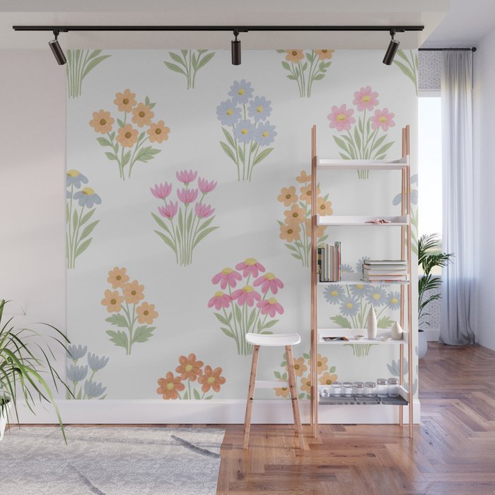 Delicate Hand-Drawn Pastel Floral Meadow Wildflowers  Wall Mural Gallery Image 1