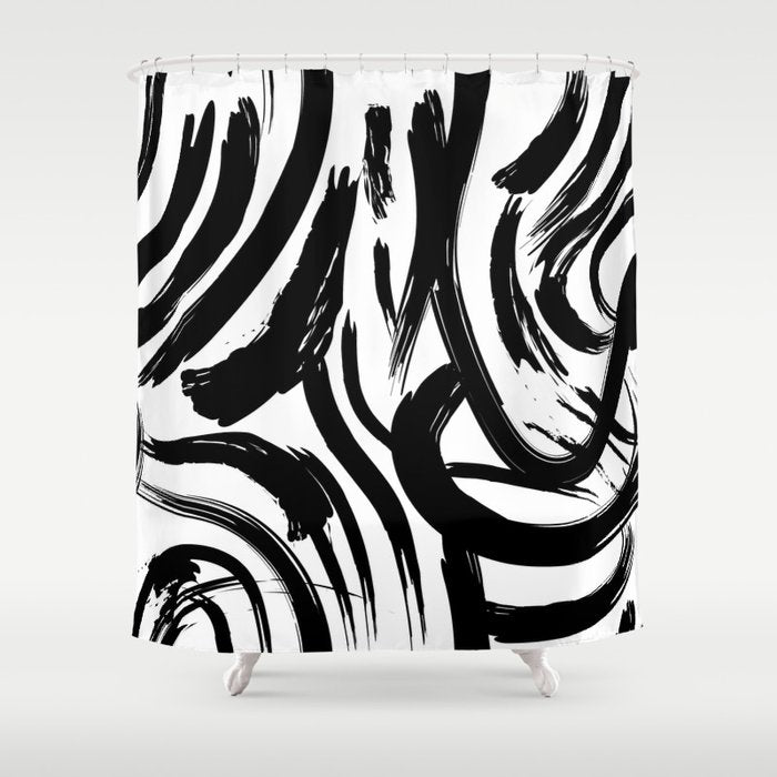 Abstract black and white paint brush stroke pattern Shower Curtain Gallery Image 1