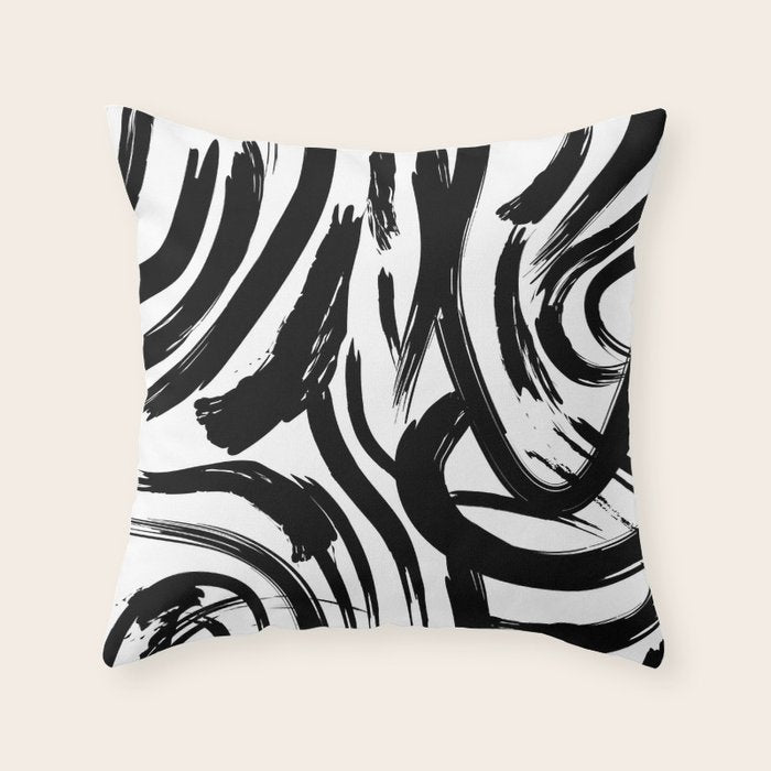Abstract black and white paint brush stroke pattern Throw Pillow Gallery Image 1