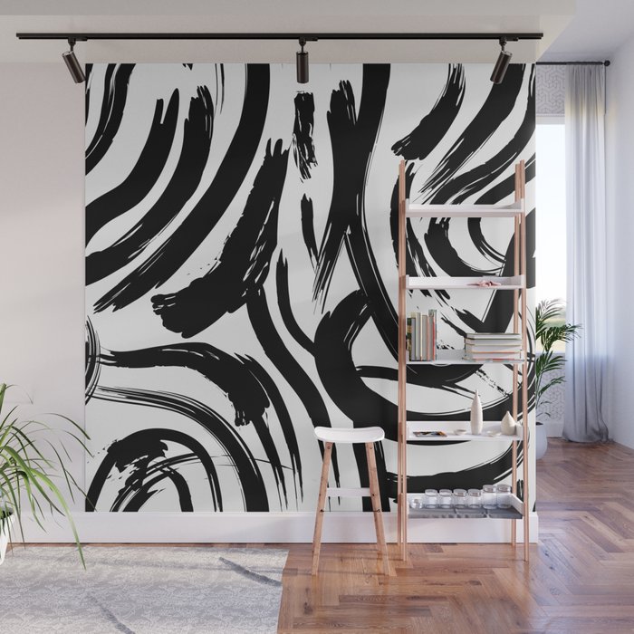 Abstract black and white paint brush stroke pattern Wall Mural Gallery Image 1
