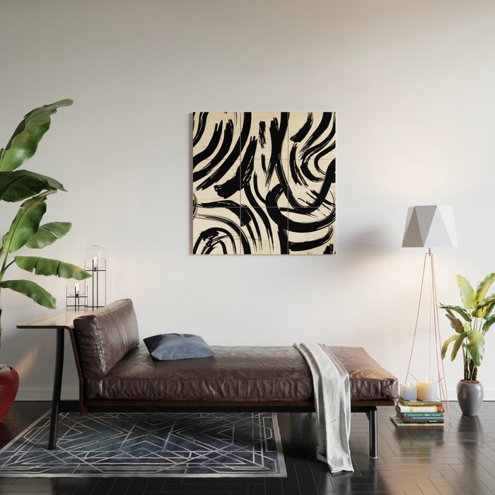 Abstract black and white paint brush stroke pattern Wood Wall Art Gallery Image 2