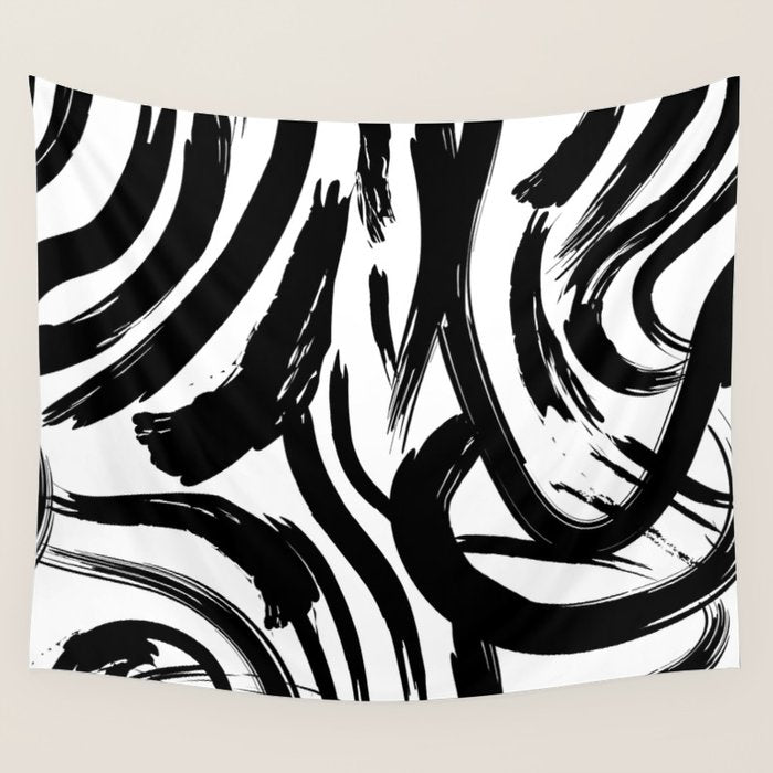 Abstract black and white paint brush stroke pattern Wall Tapestry Gallery Image 4
