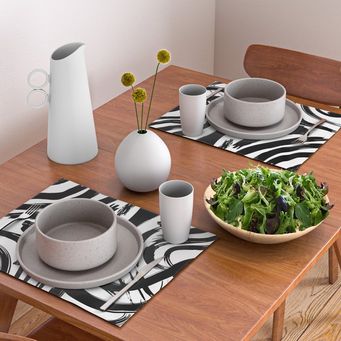 Abstract black and white paint brush stroke pattern Placemat Gallery Image 2