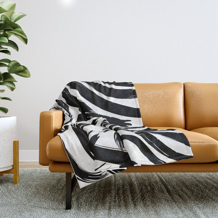 Abstract black and white paint brush stroke pattern Throw Blanket Gallery Image 1