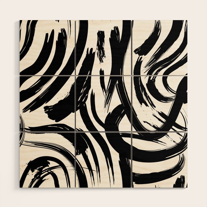 Abstract black and white paint brush stroke pattern Wood Wall Art Gallery Image 1