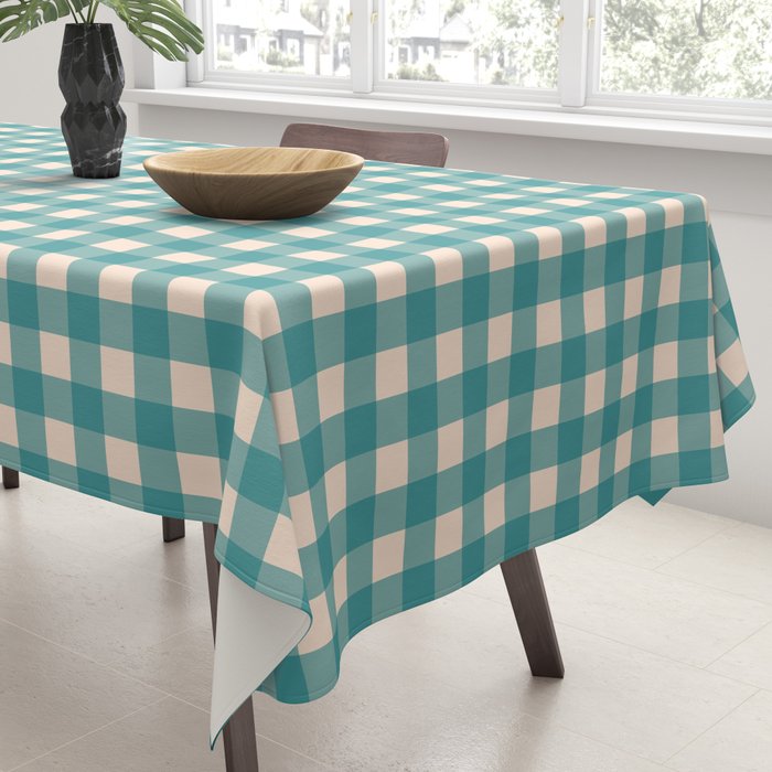 Gingham Check Pattern in Teal Cream Tablecloth Gallery Image 3