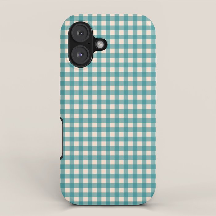 Gingham Check Pattern in Teal Cream iPhone Case Gallery Image 1