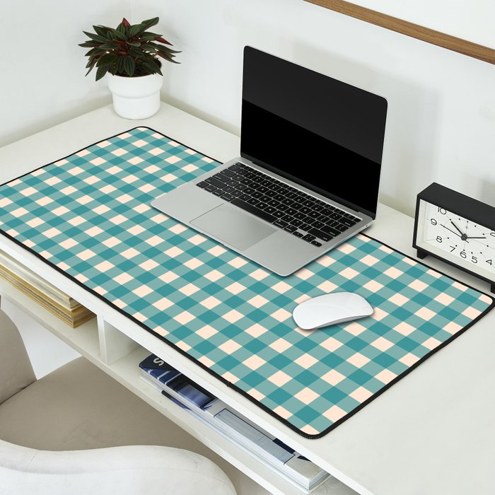 Gingham Check Pattern in Teal Cream Desk Mat Gallery Image 2