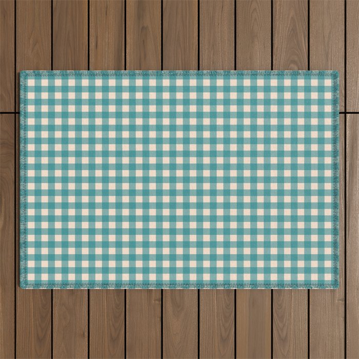 Gingham Check Pattern in Teal Cream Outdoor Rug Gallery Image 1