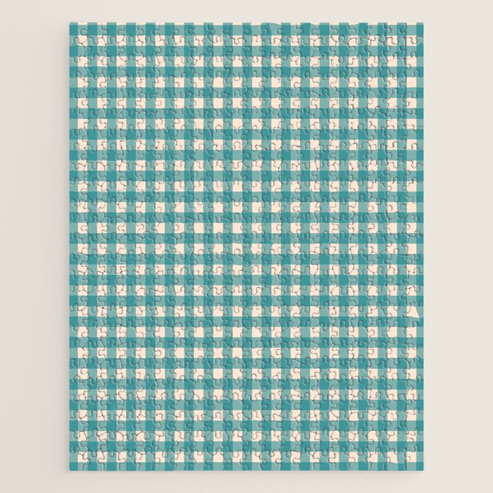 Gingham Check Pattern in Teal Cream Jigsaw Puzzle Gallery Image 1