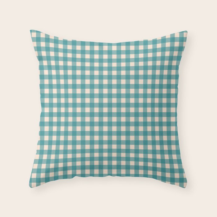Gingham Check Pattern in Teal Cream Throw Pillow Gallery Image 1