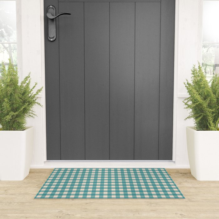 Gingham Check Pattern in Teal Cream Welcome Mat Gallery Image 3