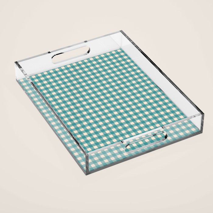 Gingham Check Pattern in Teal Cream Acrylic Tray Gallery Image 1