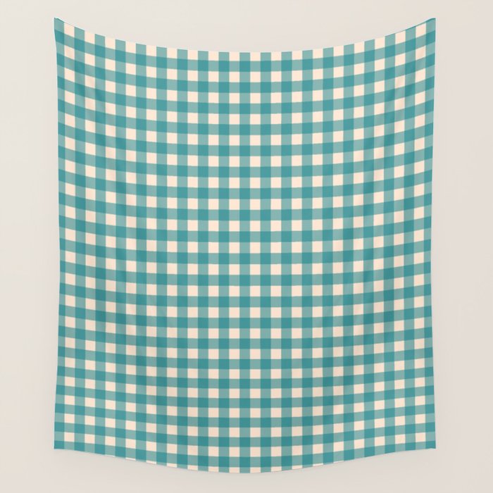 Gingham Check Pattern in Teal Cream Wall Tapestry Gallery Image 4