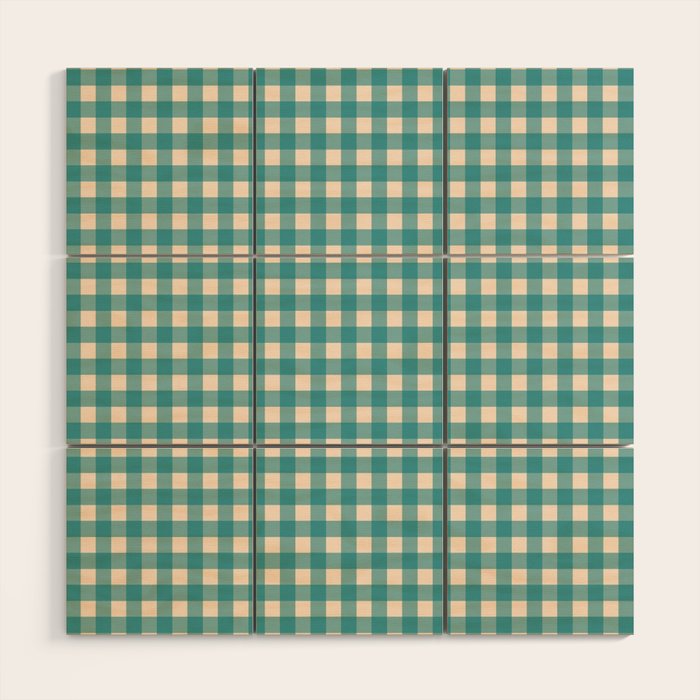 Gingham Check Pattern in Teal Cream Wood Wall Art Gallery Image 1