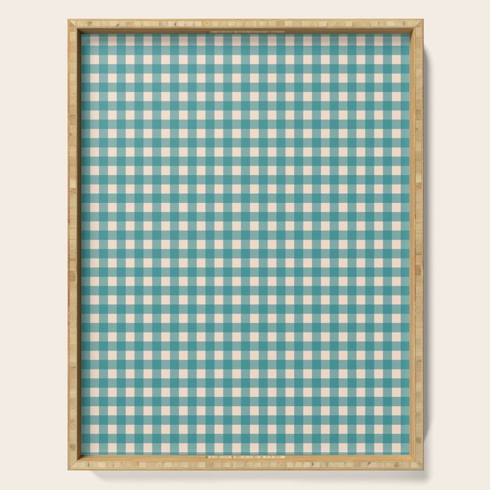 Gingham Check Pattern in Teal Cream Serving Tray Gallery Image 1