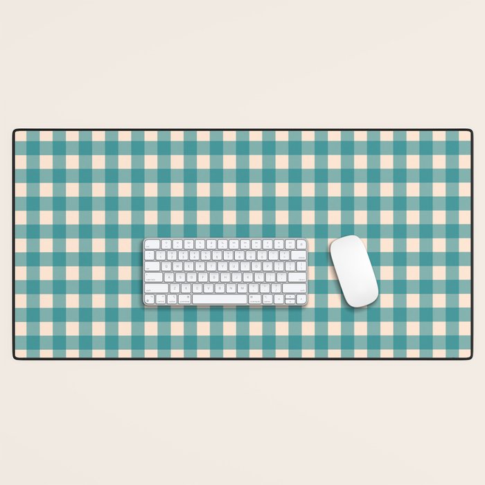 Gingham Check Pattern in Teal Cream Desk Mat Gallery Image 1