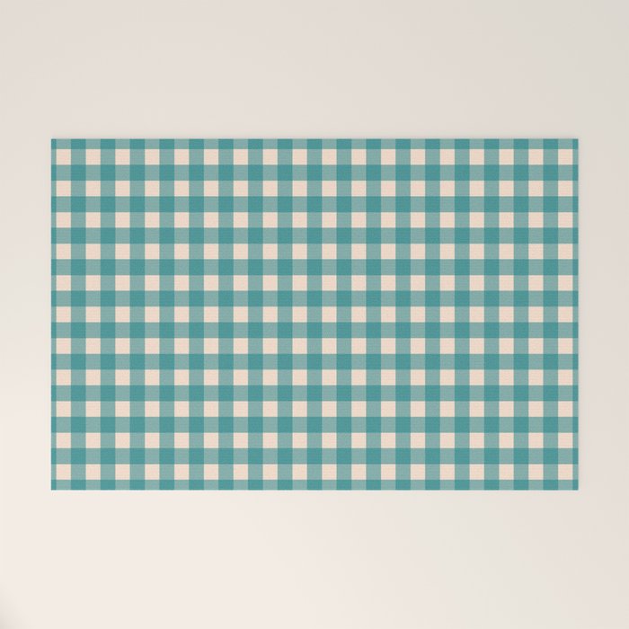 Gingham Check Pattern in Teal Cream Welcome Mat Gallery Image 1