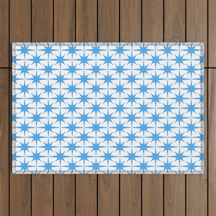 Mid Century Modern Atomic Stars Blue and White Pattern Outdoor Rug Gallery Image 1