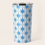 Mid Century Modern Atomic Stars Blue and White Pattern Travel Mug Gallery Image 1