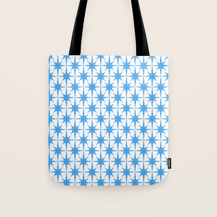 Mid Century Modern Atomic Stars Blue and White Pattern Tote Bag Gallery Image 1