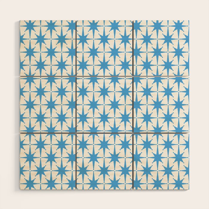 Mid Century Modern Atomic Stars Blue and White Pattern Wood Wall Art Gallery Image 1