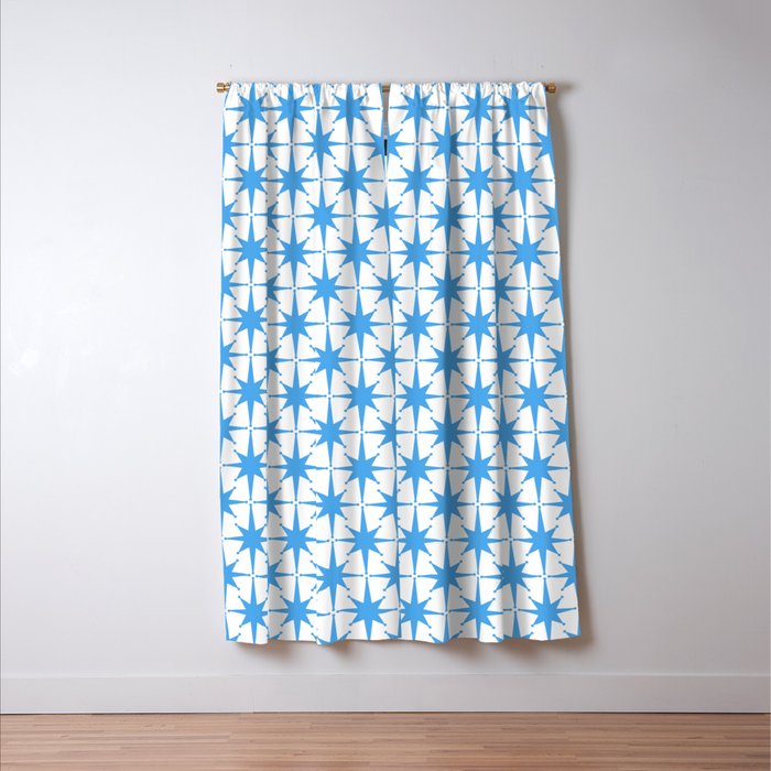 Mid Century Modern Atomic Stars Blue and White Pattern Window Curtain Gallery Image 3