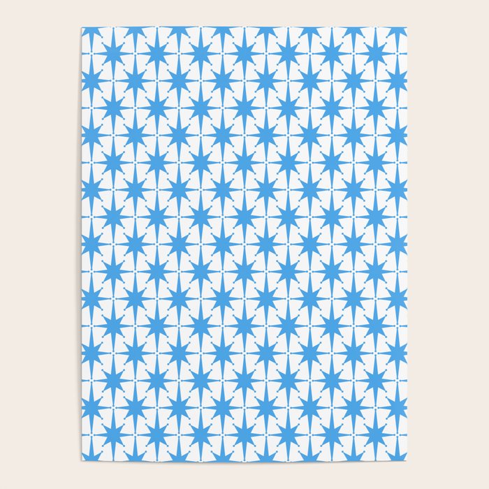 Mid Century Modern Atomic Stars Blue and White Pattern Poster Gallery Image 4