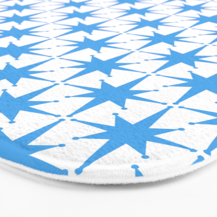 Mid Century Modern Atomic Stars Blue and White Pattern Bath Mat Gallery Image 3