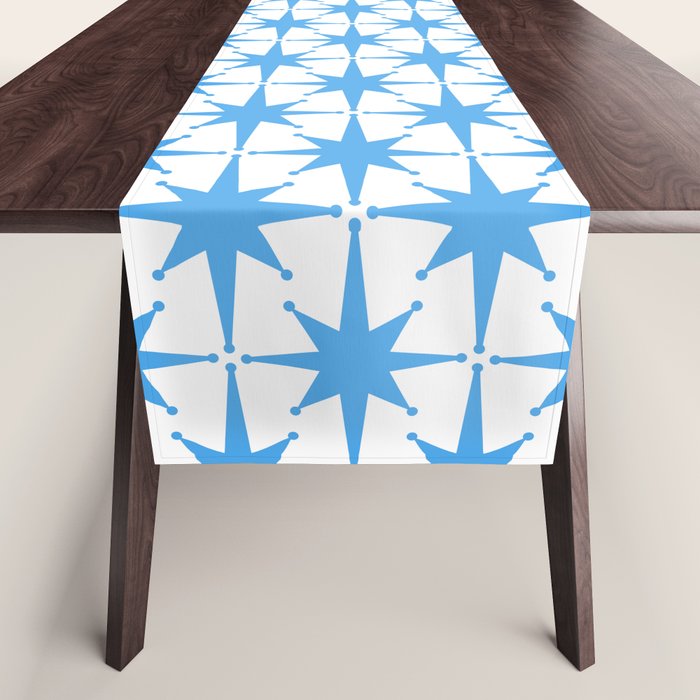 Mid Century Modern Atomic Stars Blue and White Pattern Table Runner Gallery Image 1