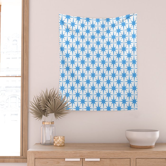Mid Century Modern Atomic Stars Blue and White Pattern Wall Tapestry Gallery Image 2