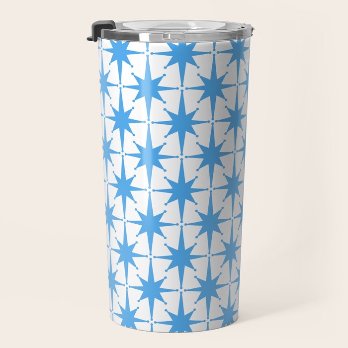 Mid Century Modern Atomic Stars Blue and White Pattern Travel Mug Gallery Image 3