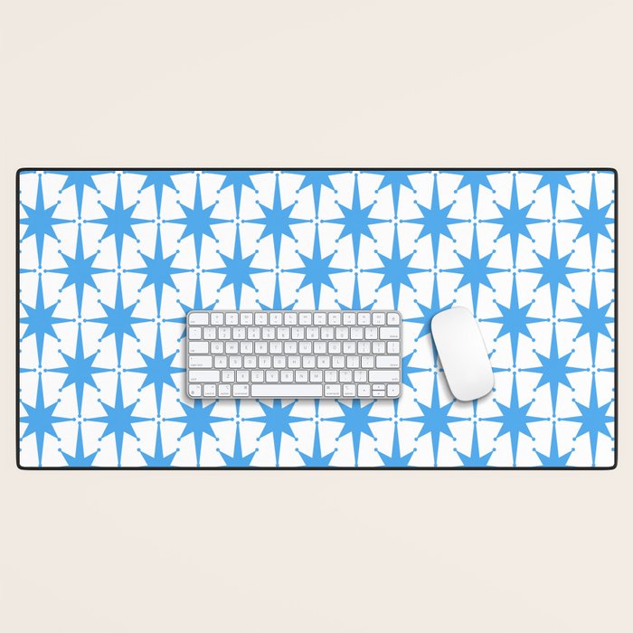 Mid Century Modern Atomic Stars Blue and White Pattern Desk Mat Gallery Image 1