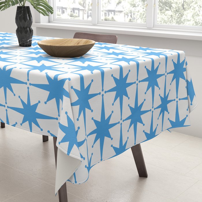 Mid Century Modern Atomic Stars Blue and White Pattern Tablecloth Gallery Image 3