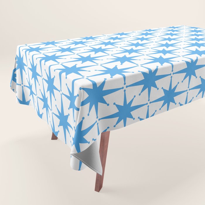 Mid Century Modern Atomic Stars Blue and White Pattern Tablecloth Gallery Image 1