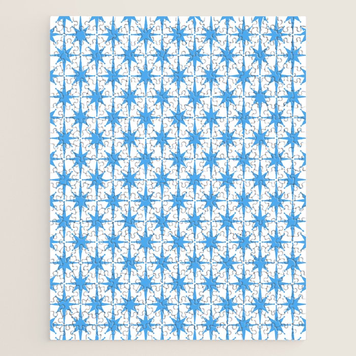 Mid Century Modern Atomic Stars Blue and White Pattern Jigsaw Puzzle Gallery Image 1